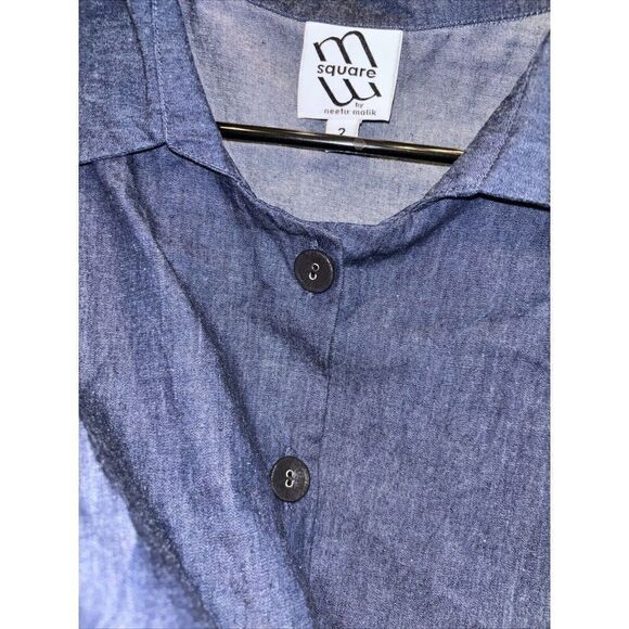 M Square By Neetu Malik Shirt Jacket 2X Button Cotton Blue Asymmetrical Hem Trim - Picture 6 of 8
